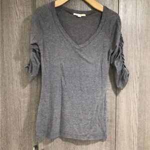 Women's Gray V-Neck Ruched Sleeve Tee